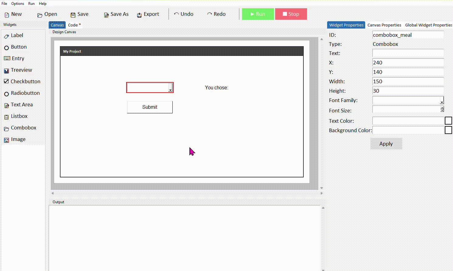 Running the app, selecting an option, label updates