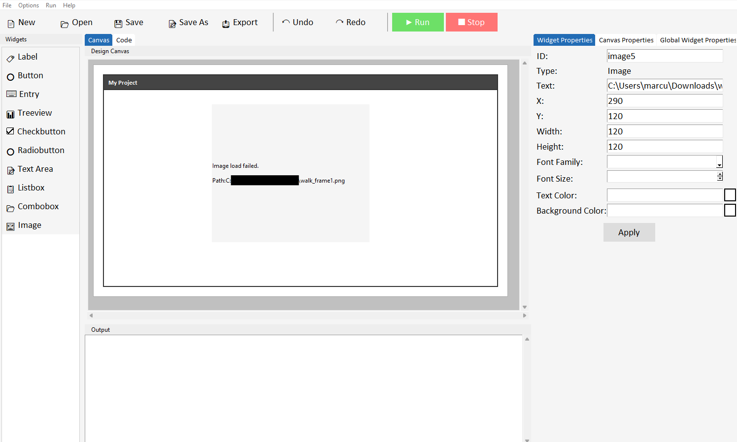 App running with missing image showing the error label