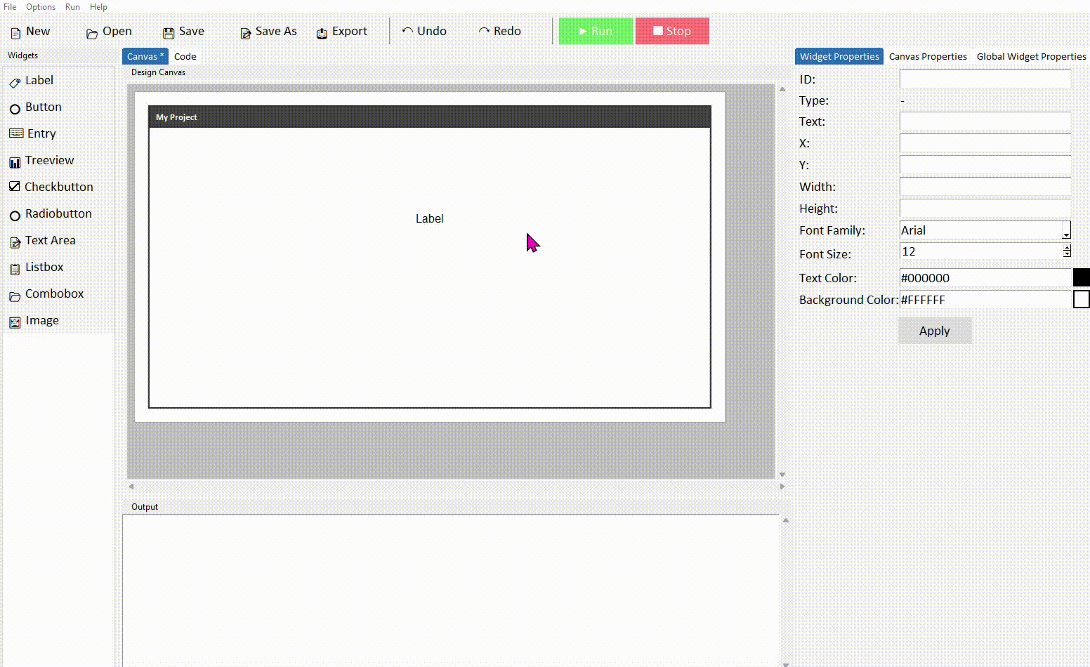 Setting label text and ID in properties panel