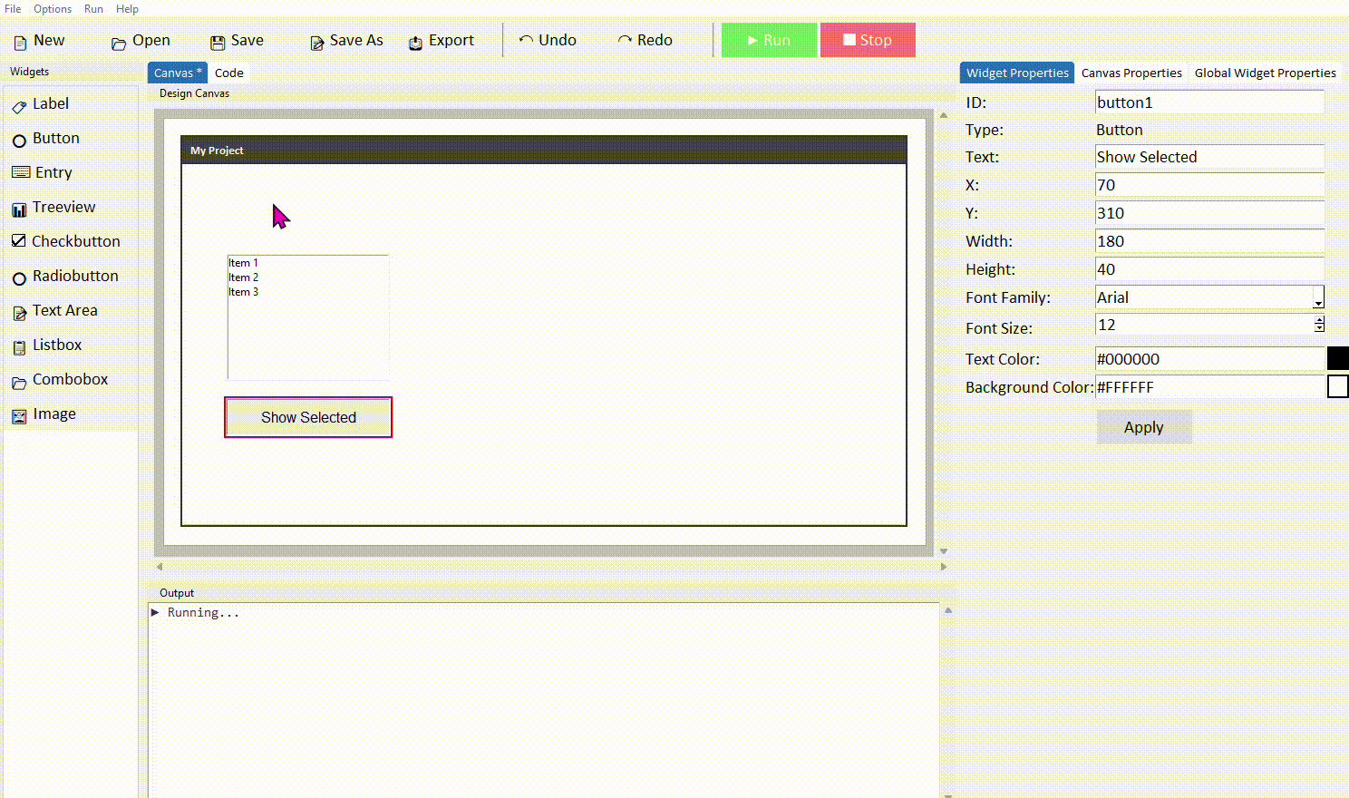 Canvas layout with listbox, button, and label