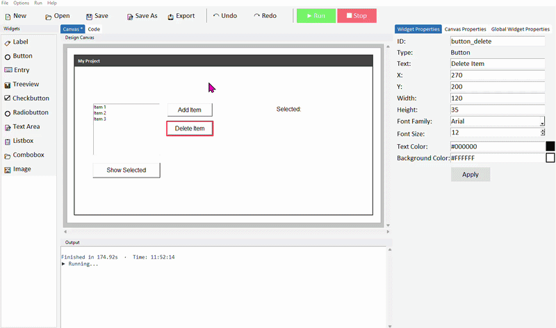 Selecting an item, clicking Delete, item removed from list
