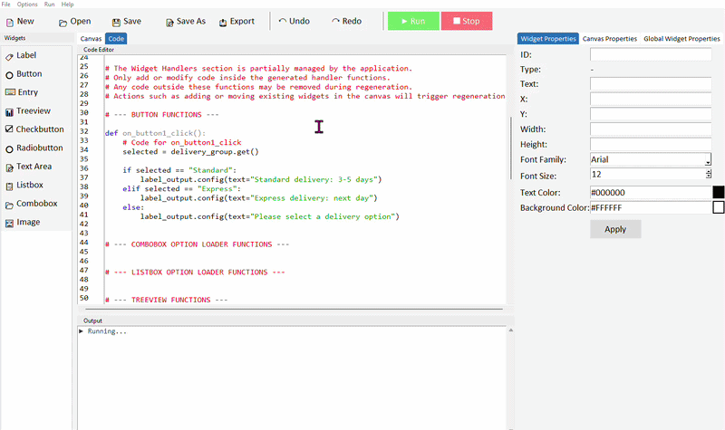 Canvas with two radiobuttons, a button, and a label