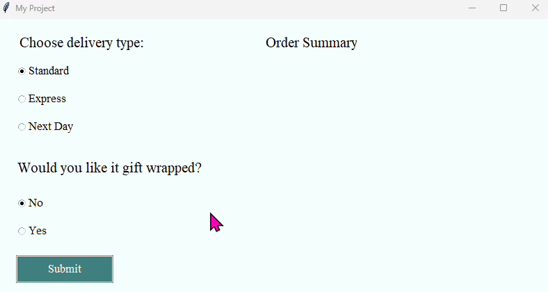 Canvas with two radiobuttons, a button, and a label
