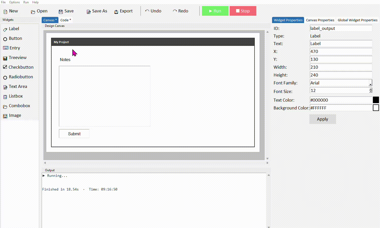 Adding text area, button, and label to canvas