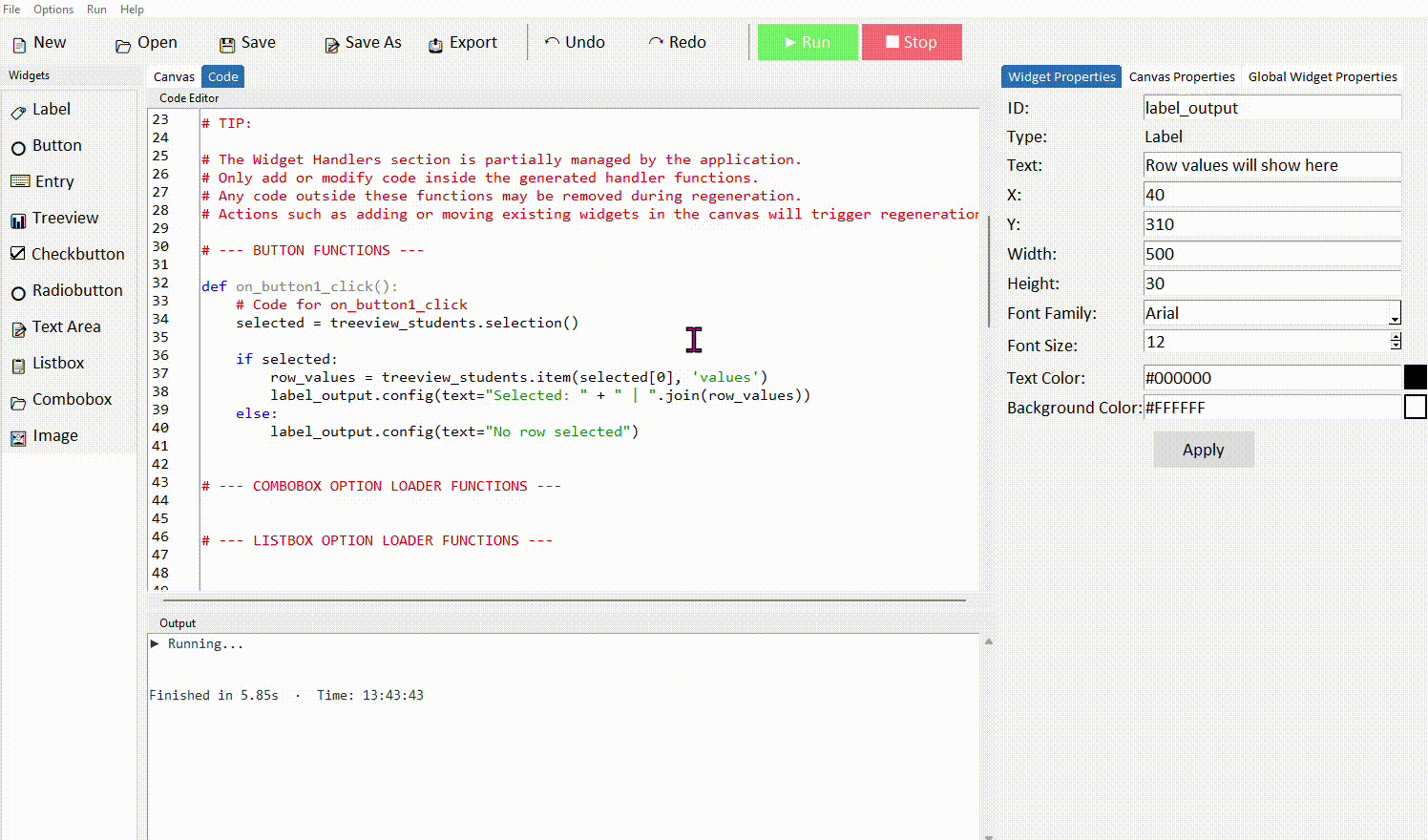Clicking a row then the button, label shows row values